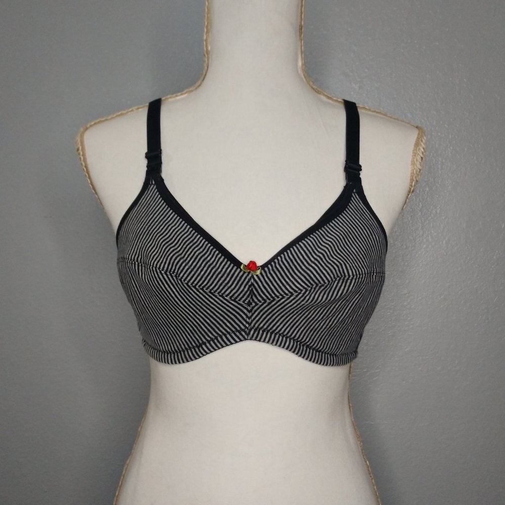Leading Lady Womens 36B Black White Striped Nursing Bra Wireless Comfort Materni
